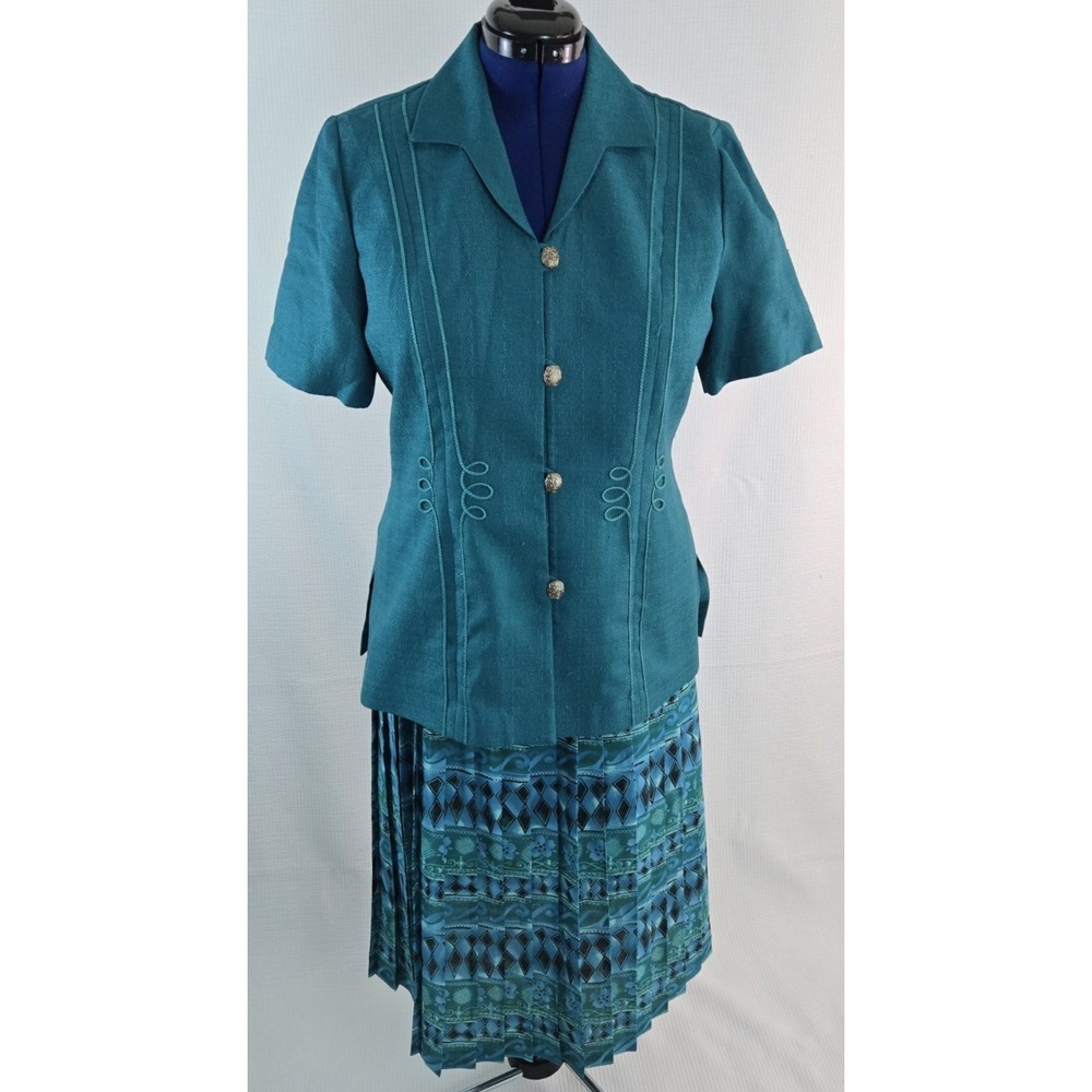 Leslie Fay 2 Piece Green Applique Top Pleated Skirt separates Top 12 Skirt 14